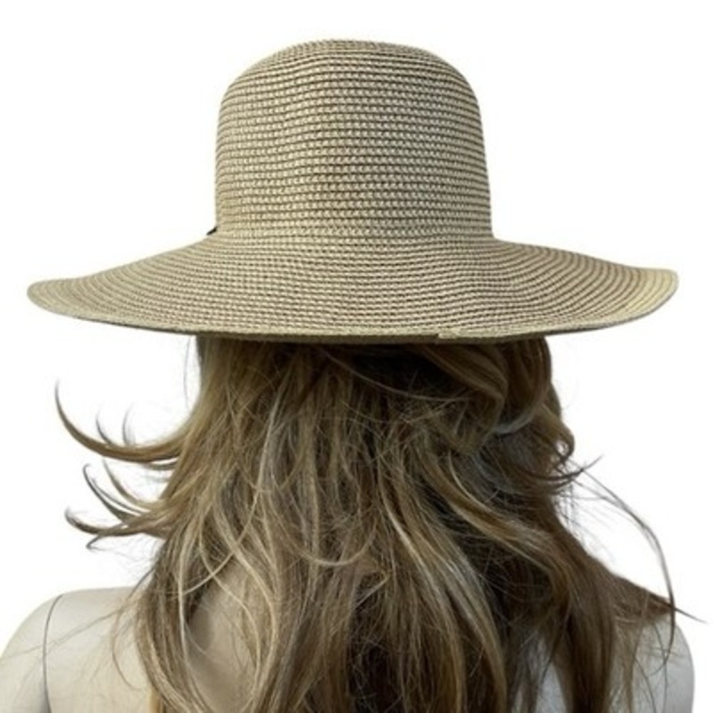 Smith & Hawken Wide Brim Straw Sun Hat Black Ribbon Chin Cord Natural Tan VG - Picture 7 of 10